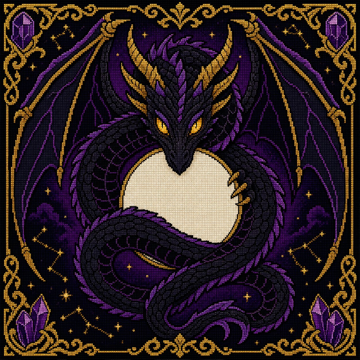 Shadow Dragon Moon cross stitch pattern by DarkStitchCo — instant PDF download with bonus patterns