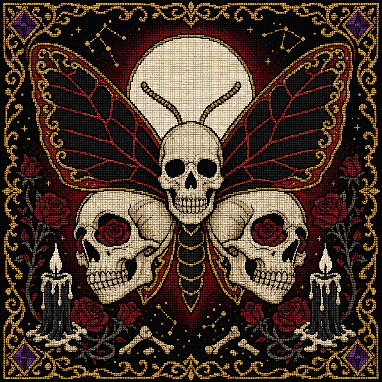 Skull Butterfly Memento Mori cross stitch pattern PDF — dark fantasy 130x130 design by DarkStitchCo