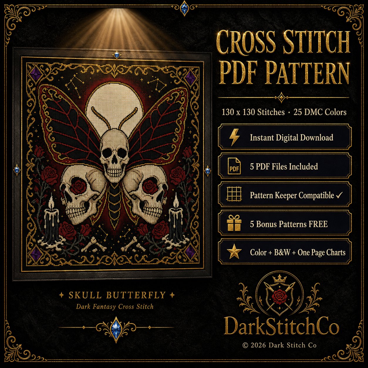 Skull Butterfly Memento Mori cross stitch finished piece framed on dark gothic wall — handmade home decor