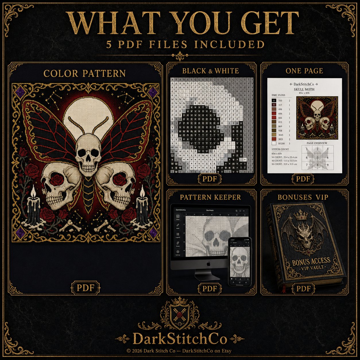 Skull Butterfly Memento Mori cross stitch color chart preview with full DMC floss code list