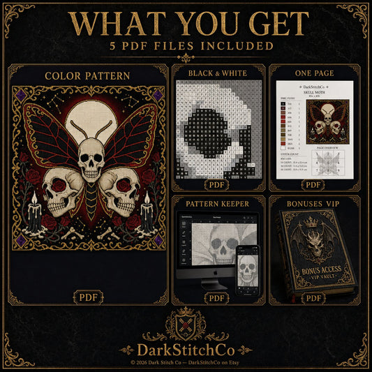 Skull Butterfly Memento Mori cross stitch color chart preview with full DMC floss code list