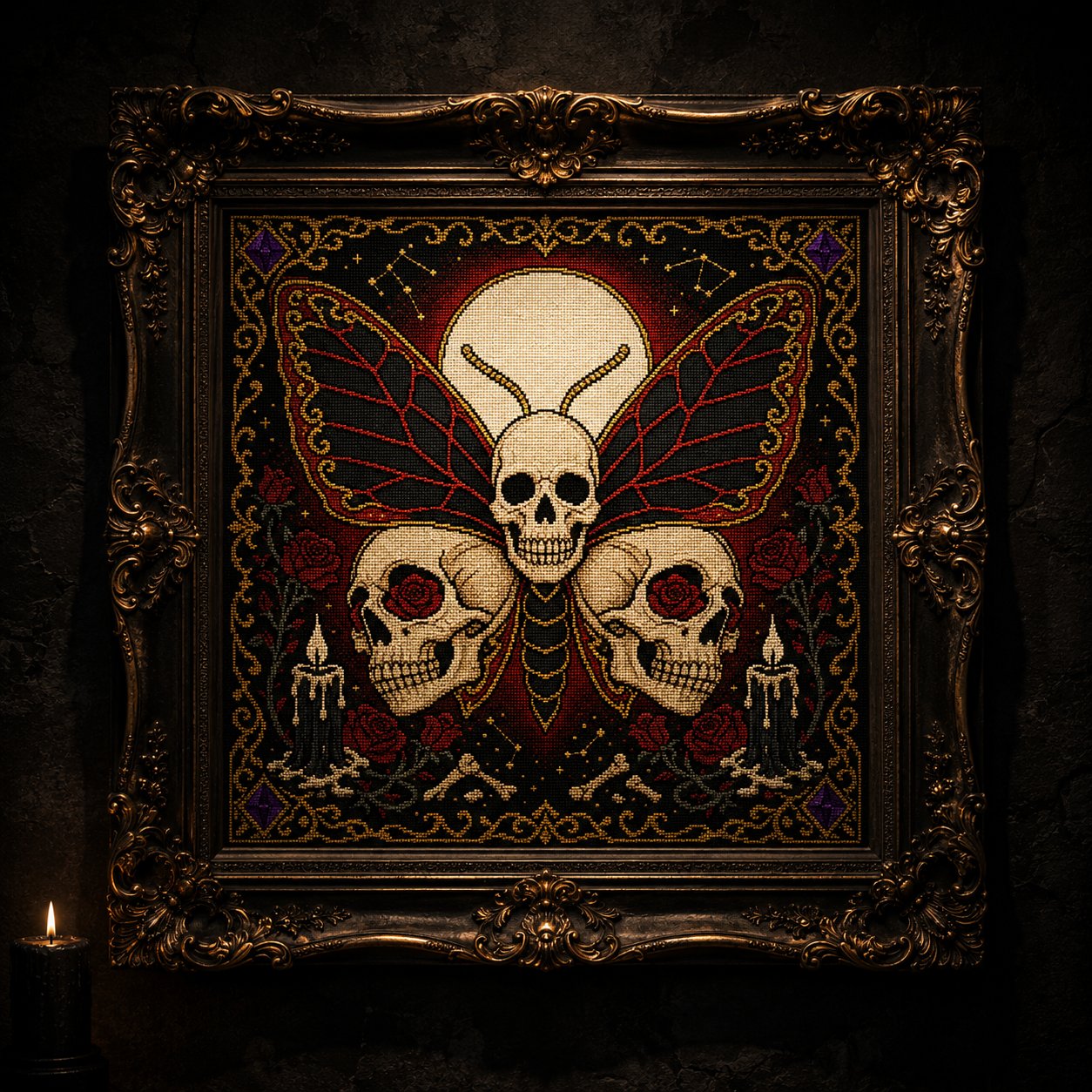 Skull Butterfly Memento Mori cross stitch hoop displayed in witchy gothic home decor aesthetic
