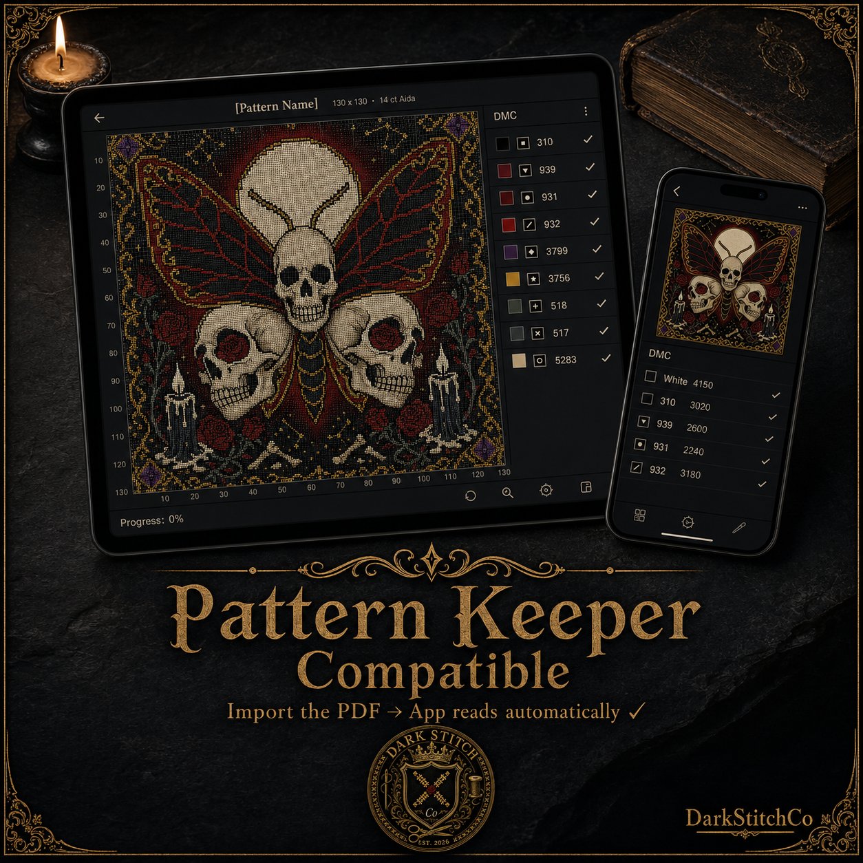 Skull Butterfly Memento Mori cross stitch pattern shown with DMC floss thread color palette