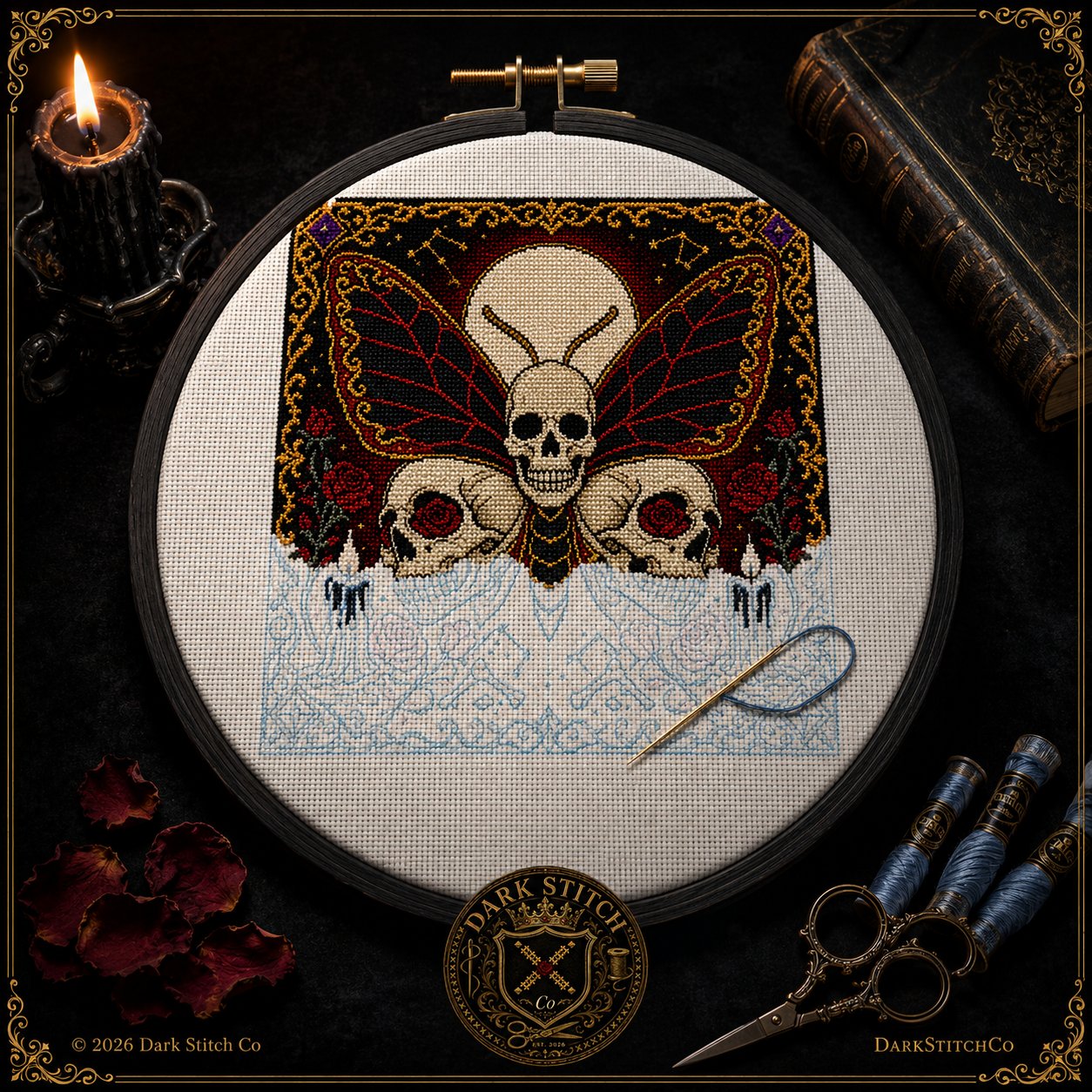 Skull Butterfly Memento Mori cross stitch finished on white Aida fabric with embroidery hoop