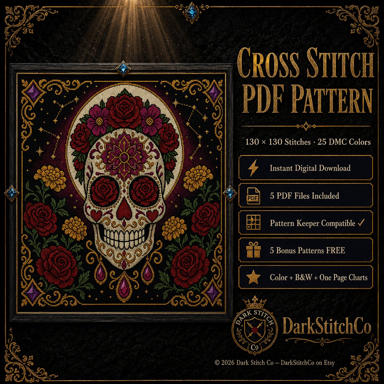 Sugar Skull Dia De Muertos cross stitch color chart preview with full DMC floss code list
