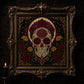 Sugar Skull Dia De Muertos cross stitch hoop displayed in witchy gothic home decor aesthetic