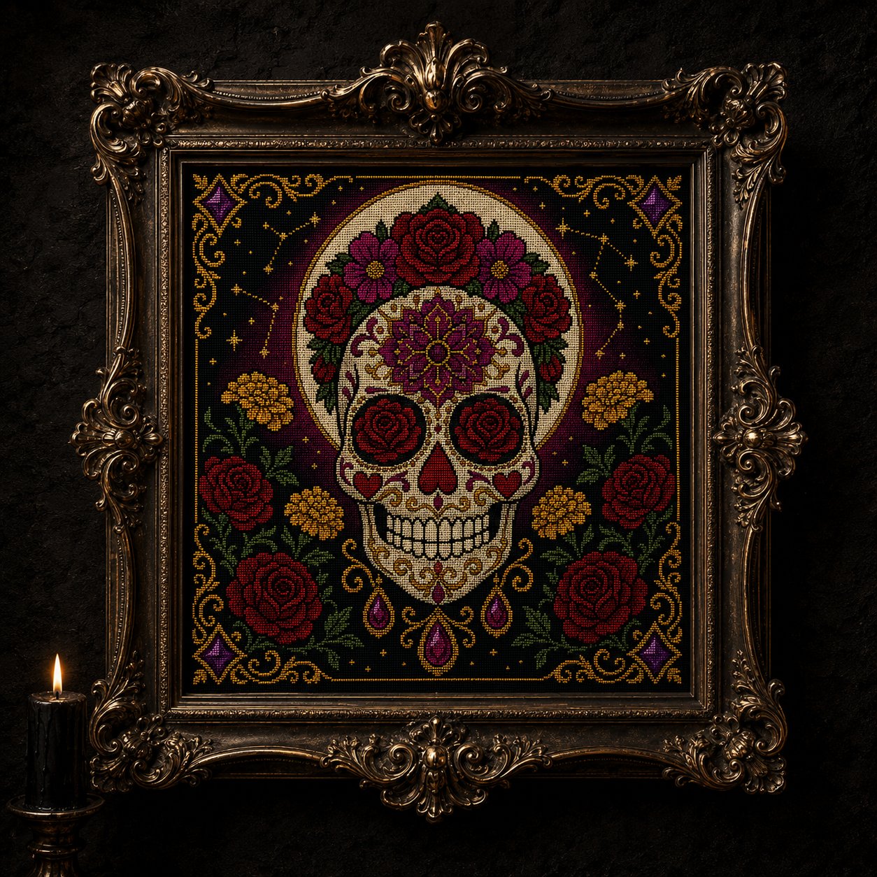 Sugar Skull Dia De Muertos cross stitch hoop displayed in witchy gothic home decor aesthetic