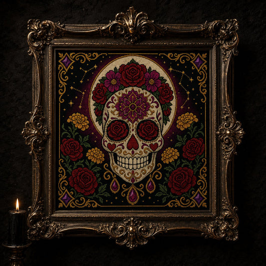 Sugar Skull Dia De Muertos cross stitch hoop displayed in witchy gothic home decor aesthetic