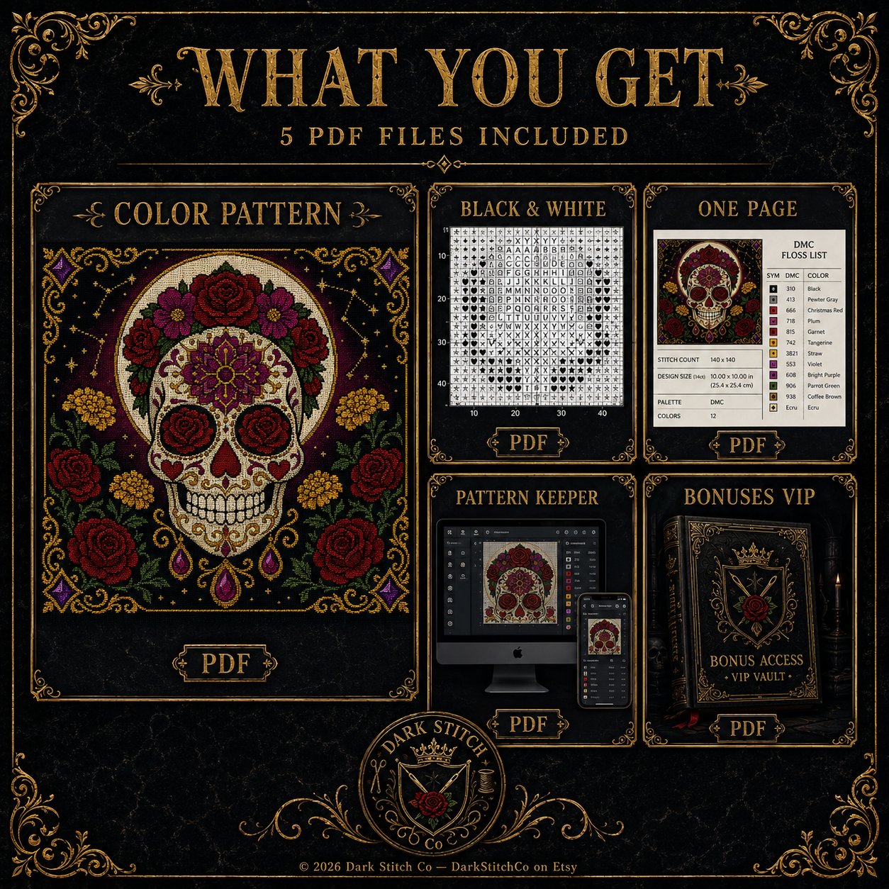 Sugar Skull Dia De Muertos cross stitch close-up detail showing intricate gothic stitch work