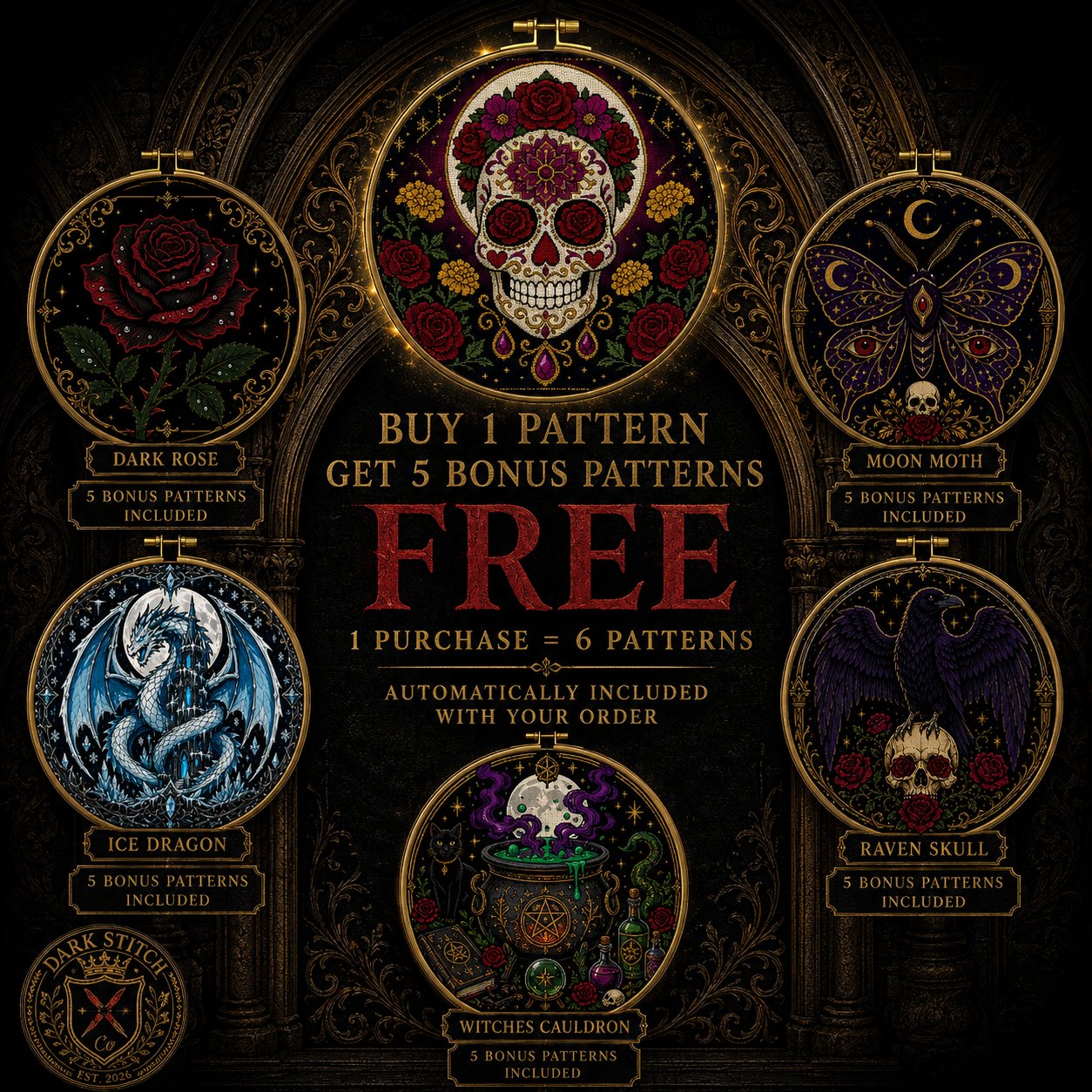 Sugar Skull Dia De Muertos cross stitch pattern shown with DMC floss thread color palette