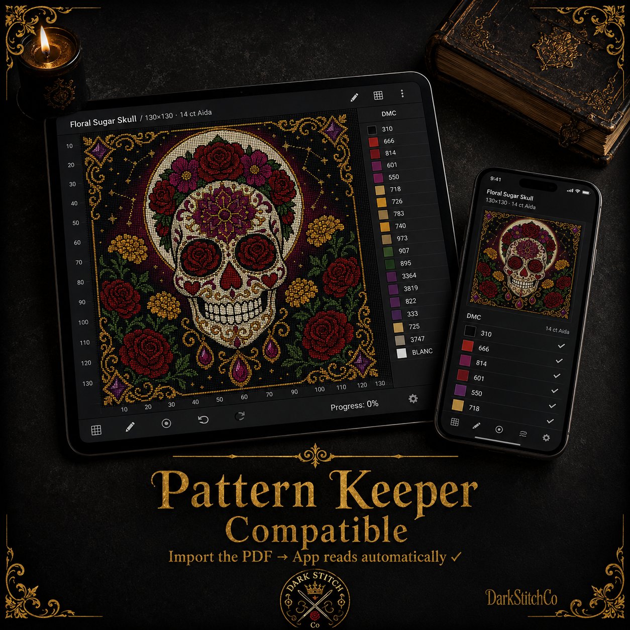 Sugar Skull Dia De Muertos cross stitch black and white symbol chart preview — printer friendly