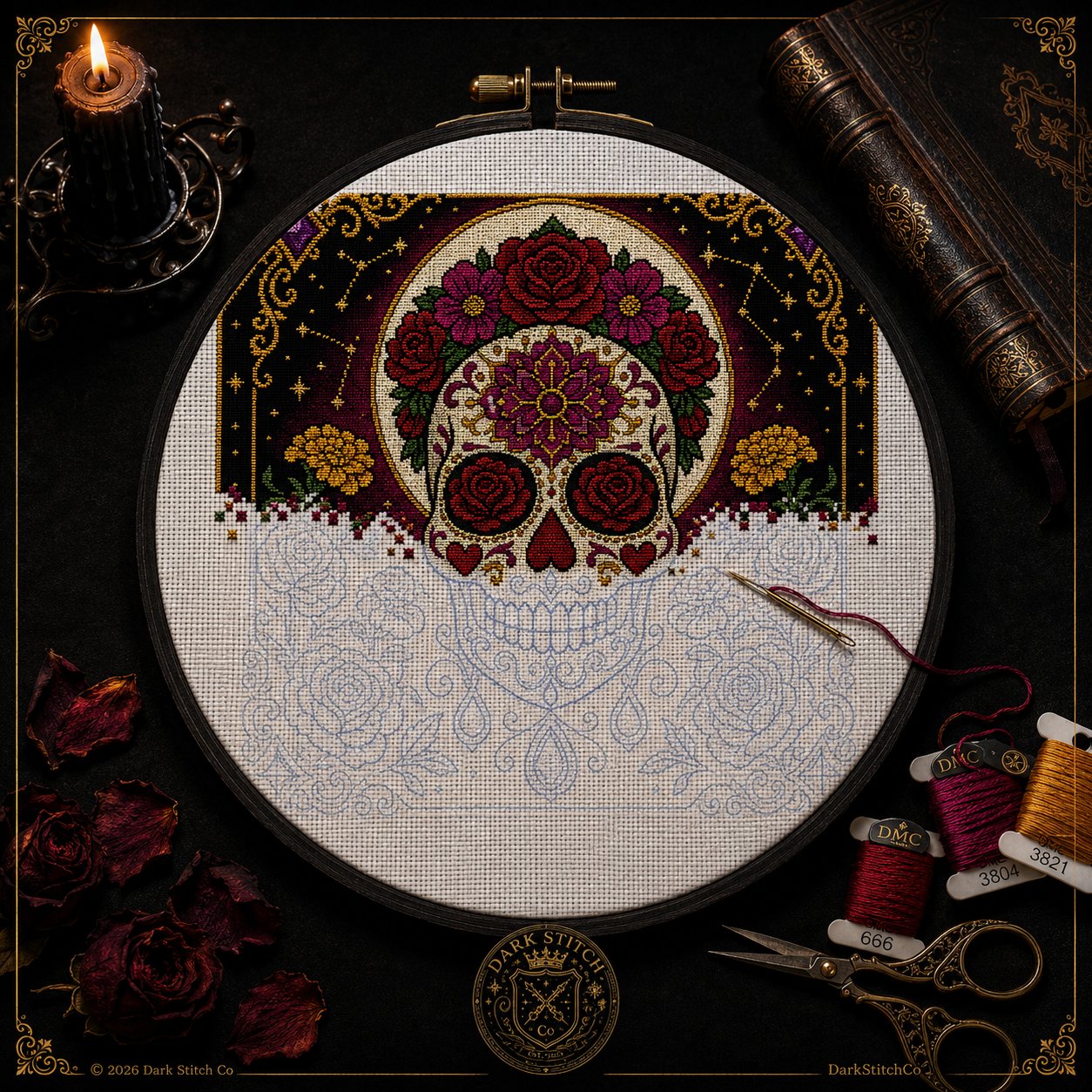 Sugar Skull Dia De Muertos cross stitch gift idea for gothic stitchers and dark fantasy lovers