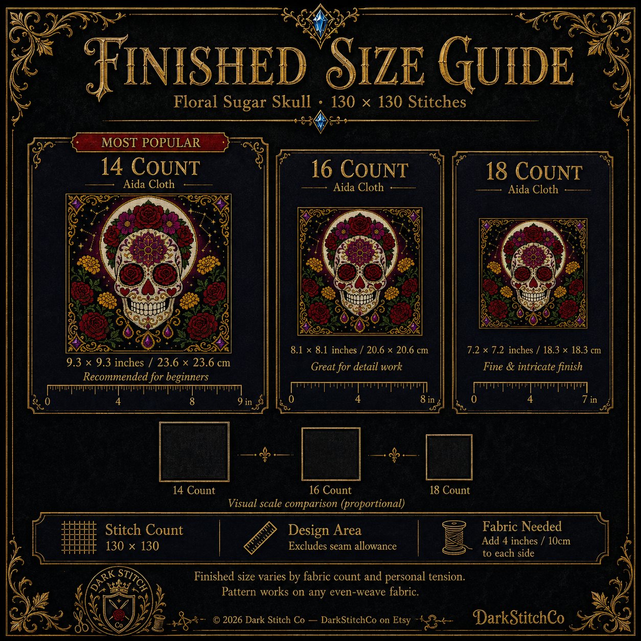 Sugar Skull Dia De Muertos cross stitch pattern by DarkStitchCo — instant PDF download with bonus patterns