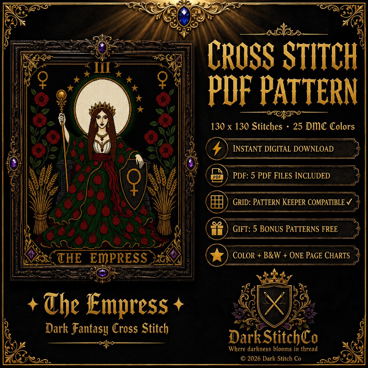 The Empress Tarot Card Iii cross stitch pattern PDF — dark fantasy 130x130 design by DarkStitchCo