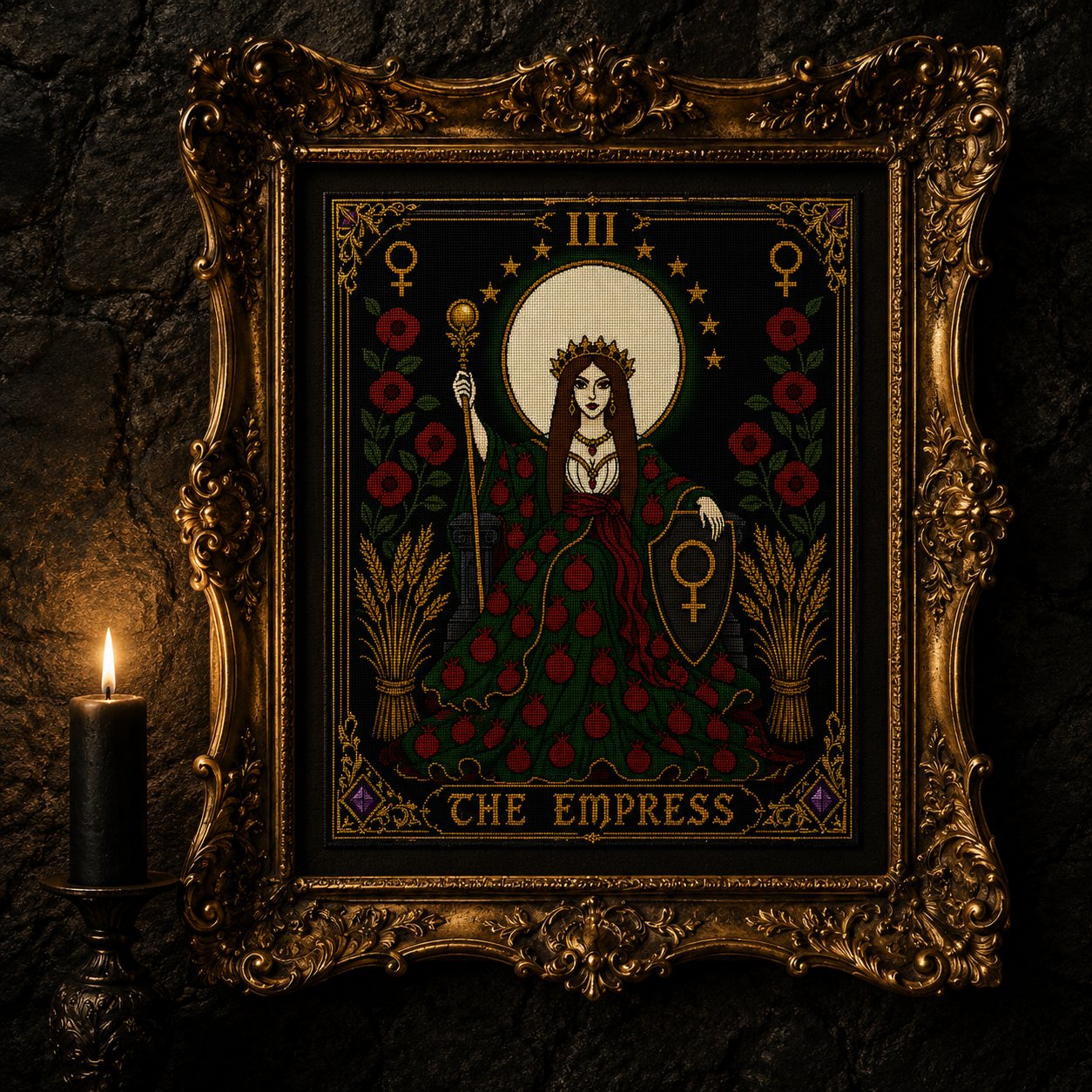 The Empress Tarot Card Iii cross stitch finished piece framed on dark gothic wall — handmade home decor