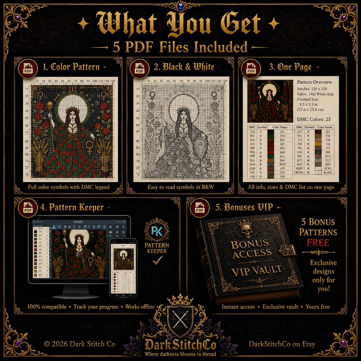 The Empress Tarot Card Iii cross stitch color chart preview with full DMC floss code list