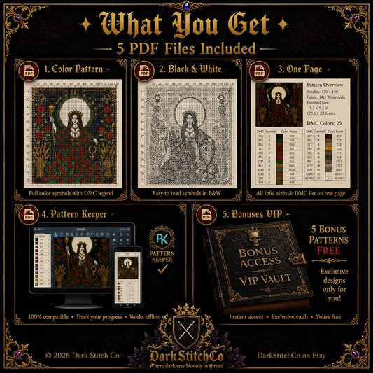 The Empress Tarot Card Iii cross stitch color chart preview with full DMC floss code list