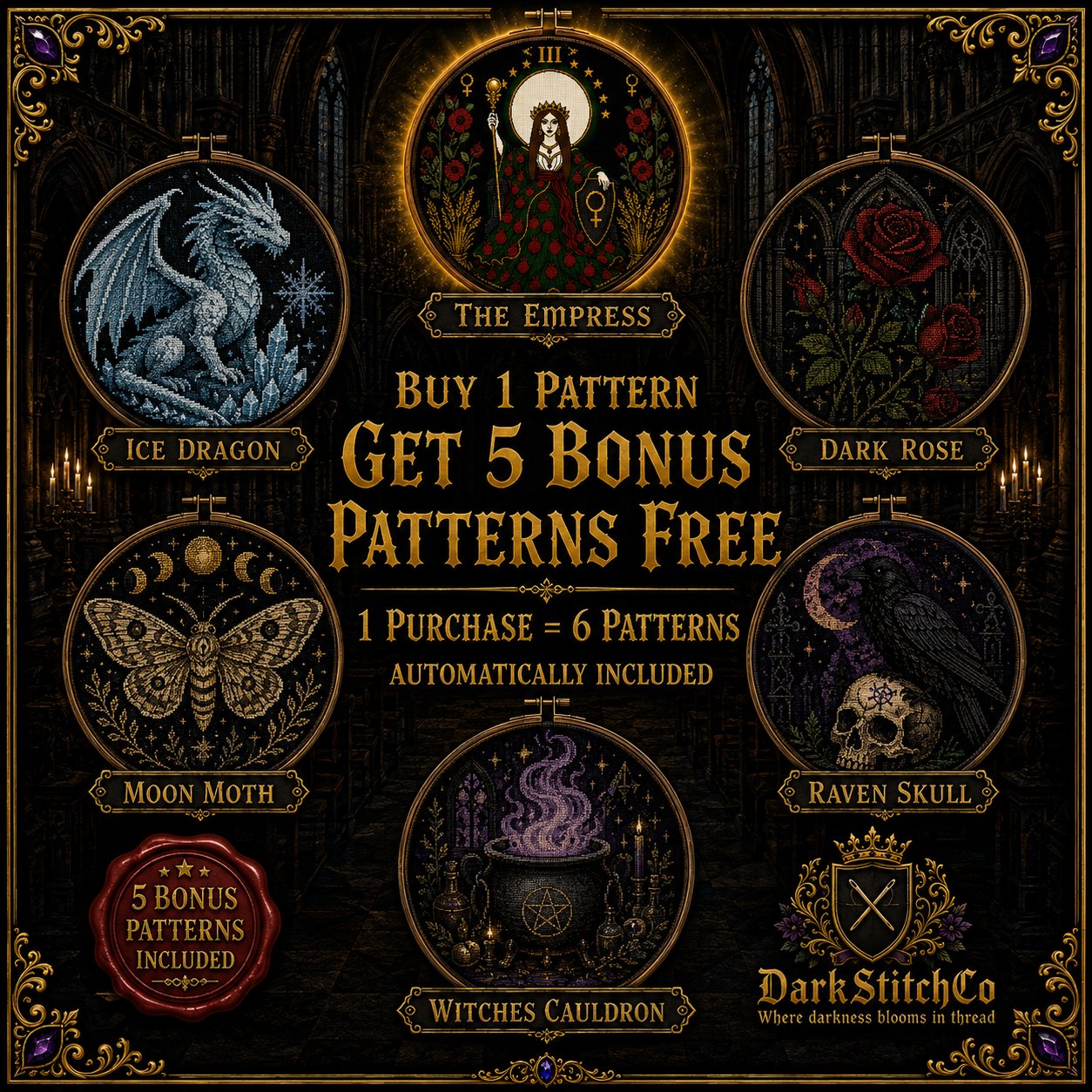 The Empress Tarot Card Iii cross stitch hoop displayed in witchy gothic home decor aesthetic