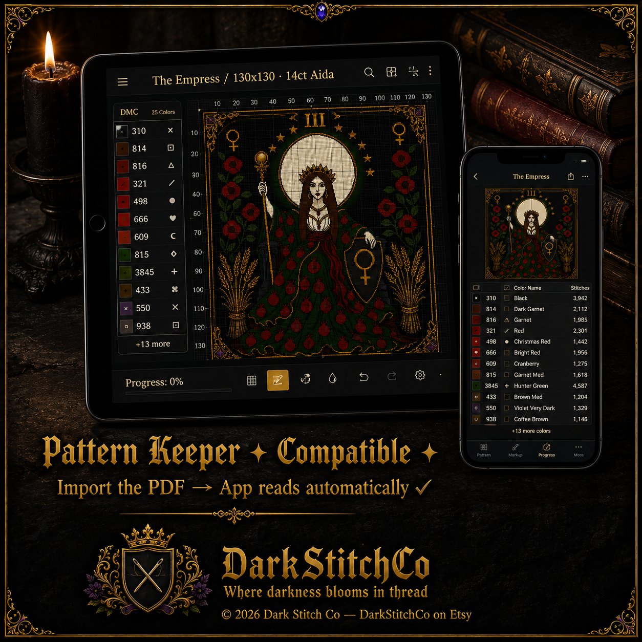 The Empress Tarot Card Iii cross stitch close-up detail showing intricate gothic stitch work