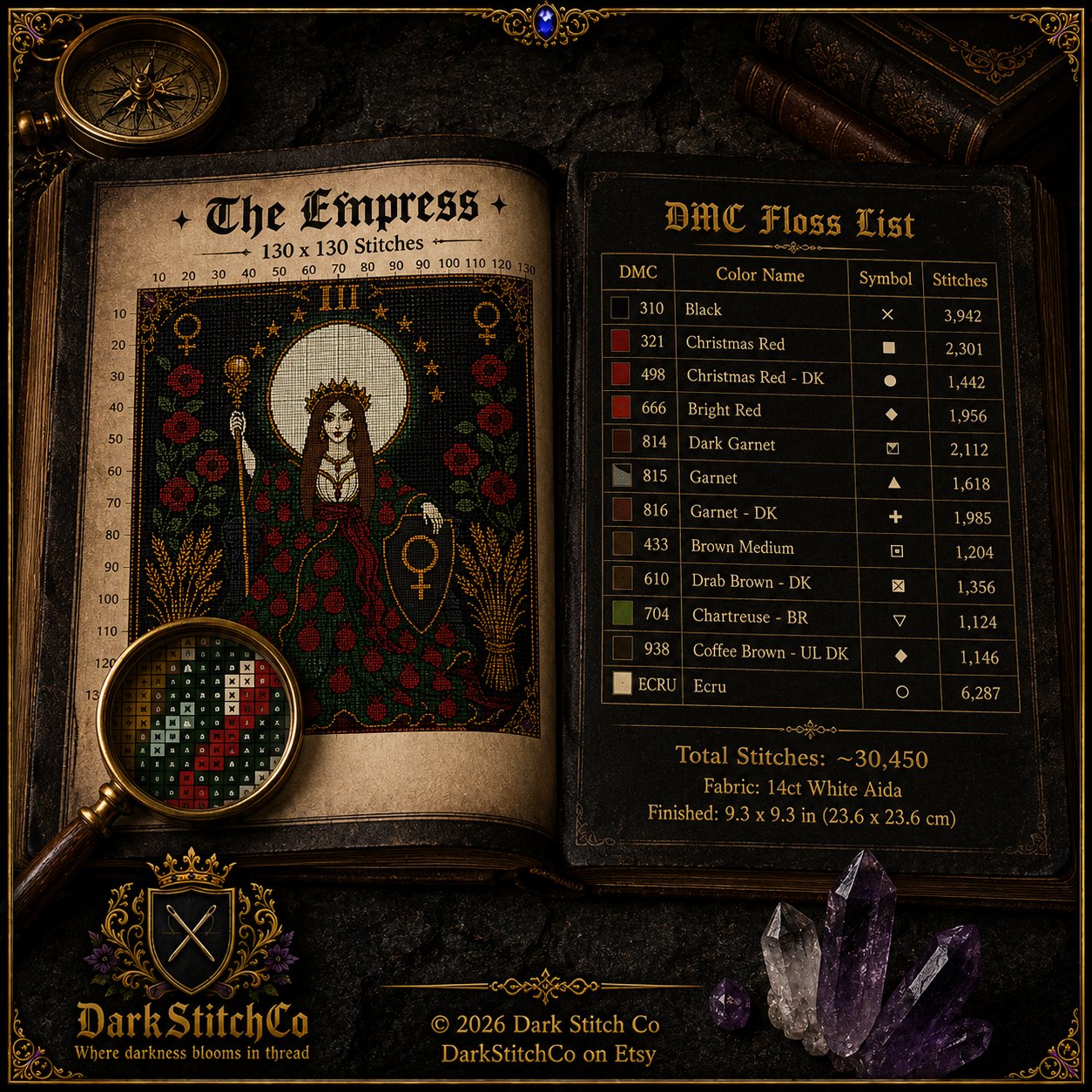 The Empress Tarot Card Iii cross stitch pattern shown with DMC floss thread color palette