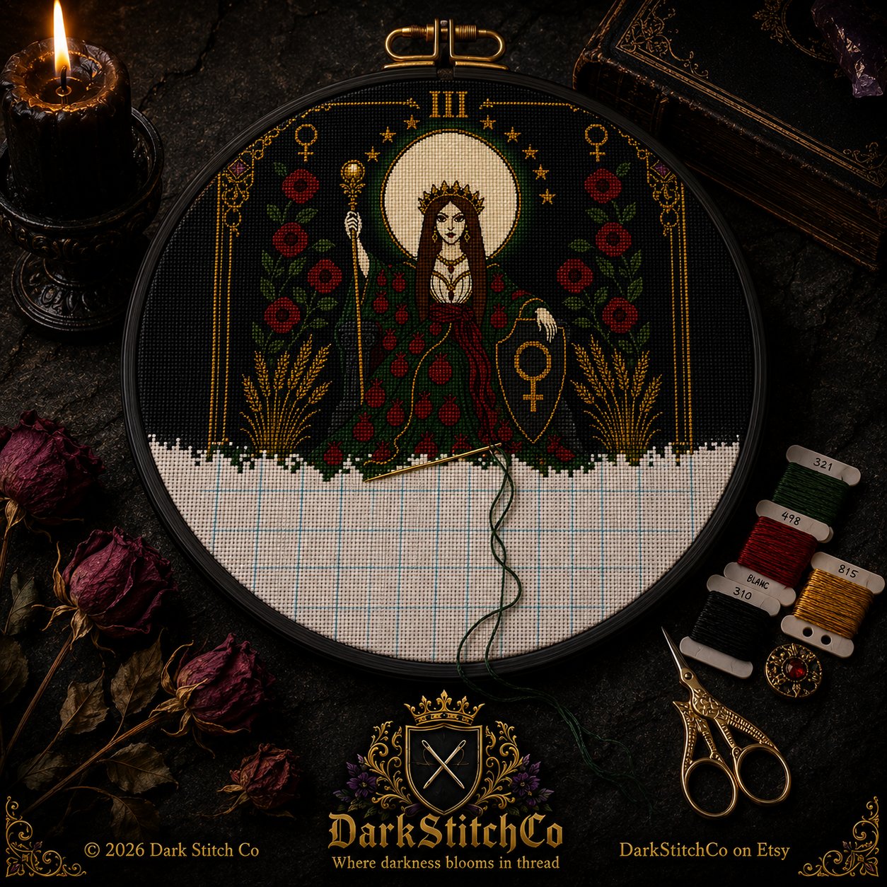 The Empress Tarot Card Iii cross stitch black and white symbol chart preview — printer friendly
