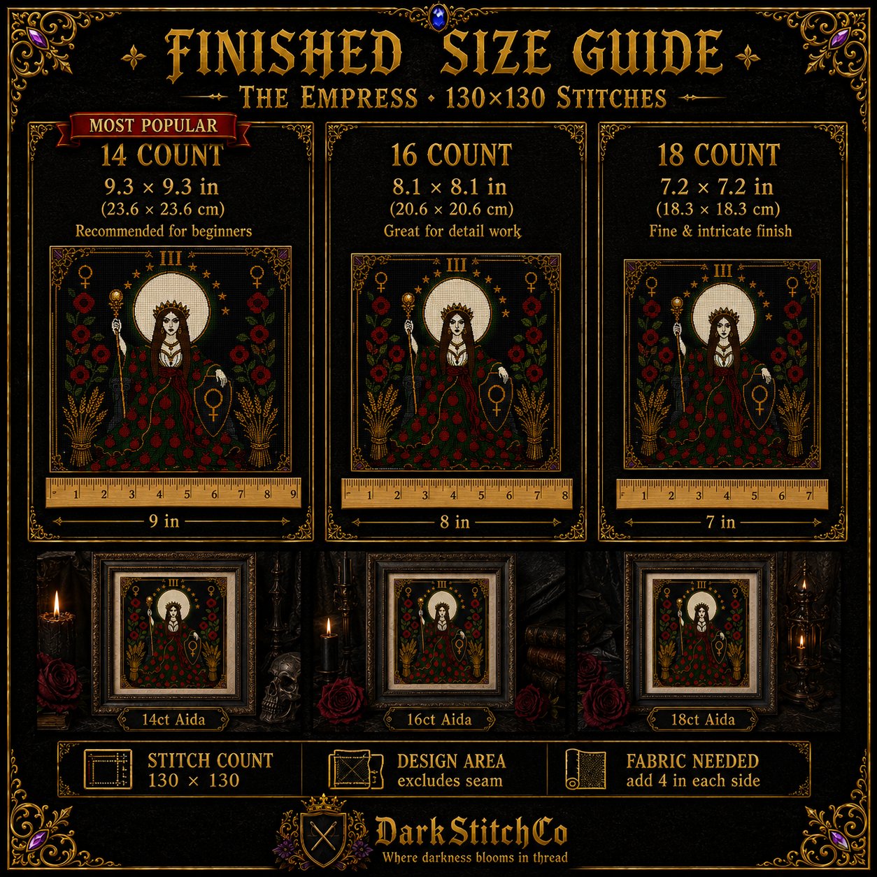 The Empress Tarot Card Iii cross stitch finished on white Aida fabric with embroidery hoop