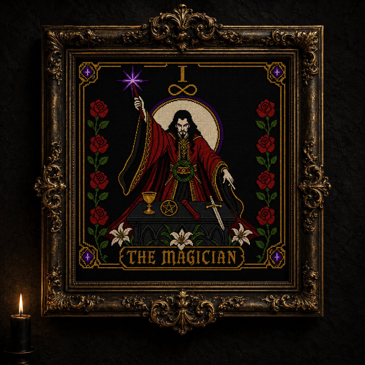 The Magician Tarot Card I cross stitch hoop displayed in witchy gothic home decor aesthetic