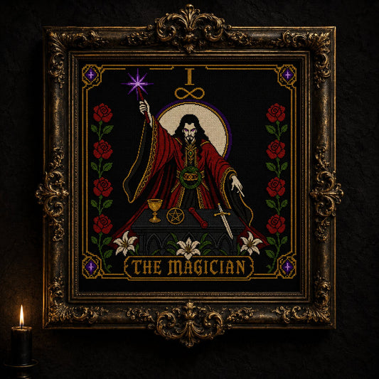 The Magician Tarot Card I cross stitch hoop displayed in witchy gothic home decor aesthetic