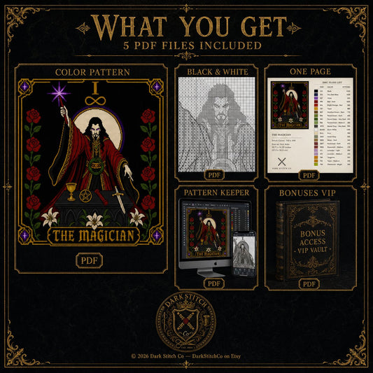 The Magician Tarot Card I cross stitch close-up detail showing intricate gothic stitch work