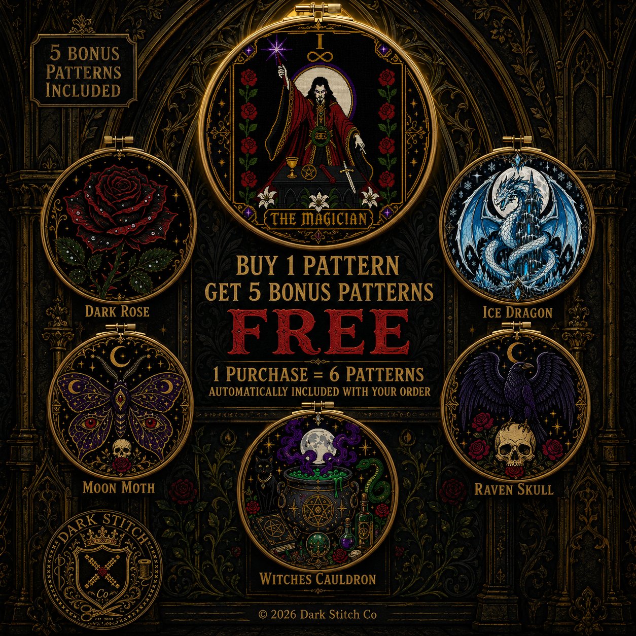 The Magician Tarot Card I cross stitch pattern shown with DMC floss thread color palette