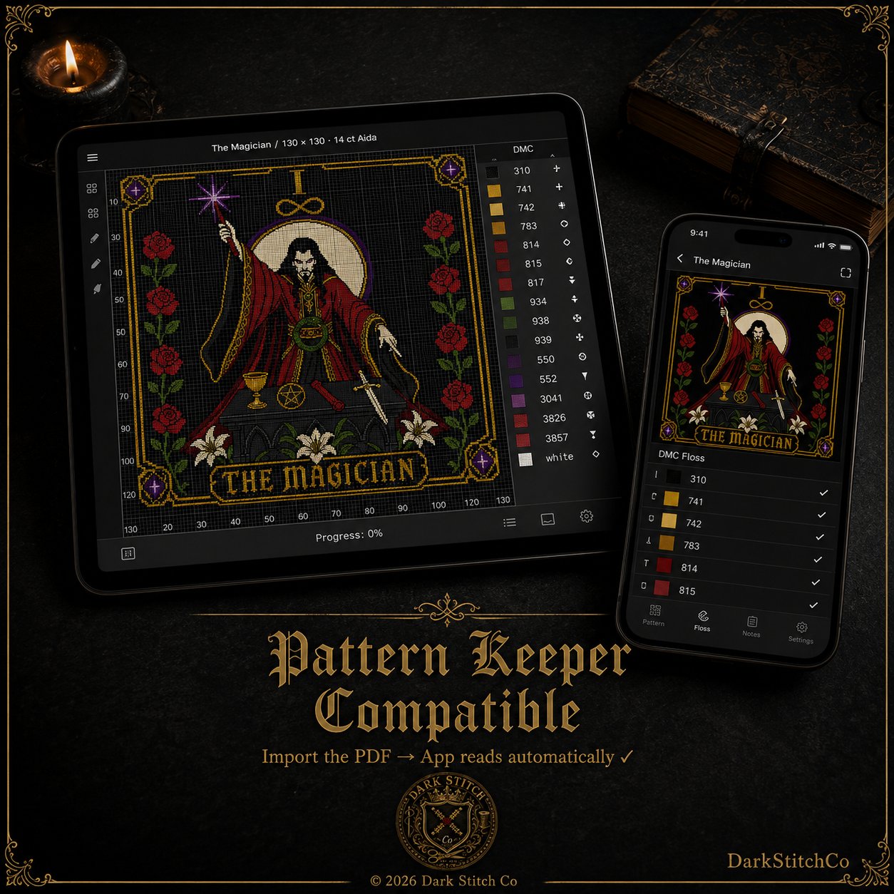 The Magician Tarot Card I cross stitch black and white symbol chart preview — printer friendly