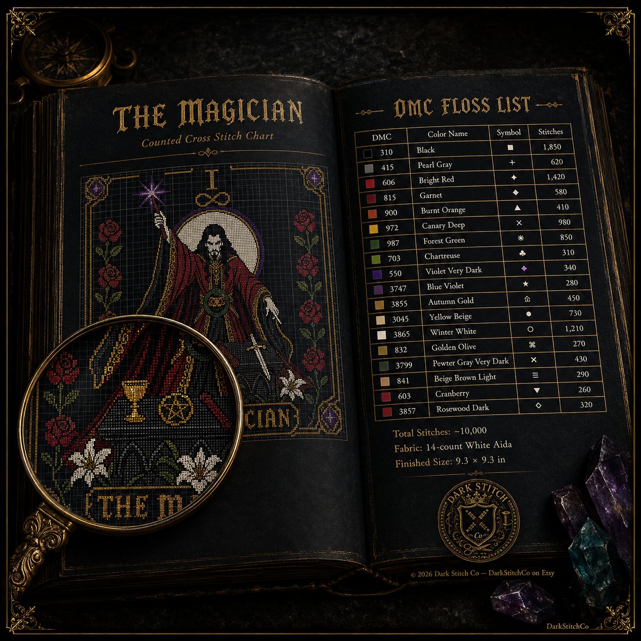The Magician Tarot Card I cross stitch finished on white Aida fabric with embroidery hoop