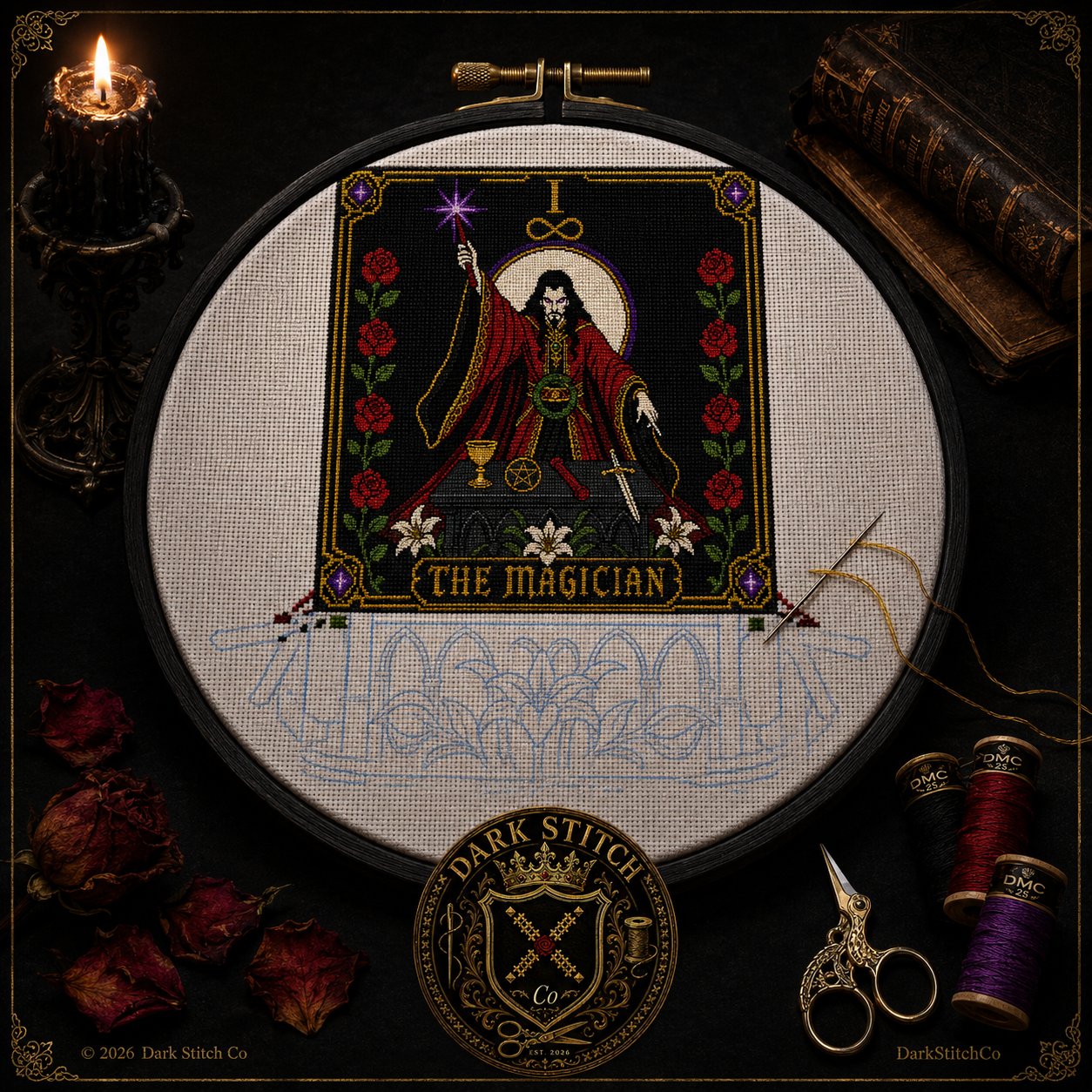 The Magician Tarot Card I cross stitch gift idea for gothic stitchers and dark fantasy lovers