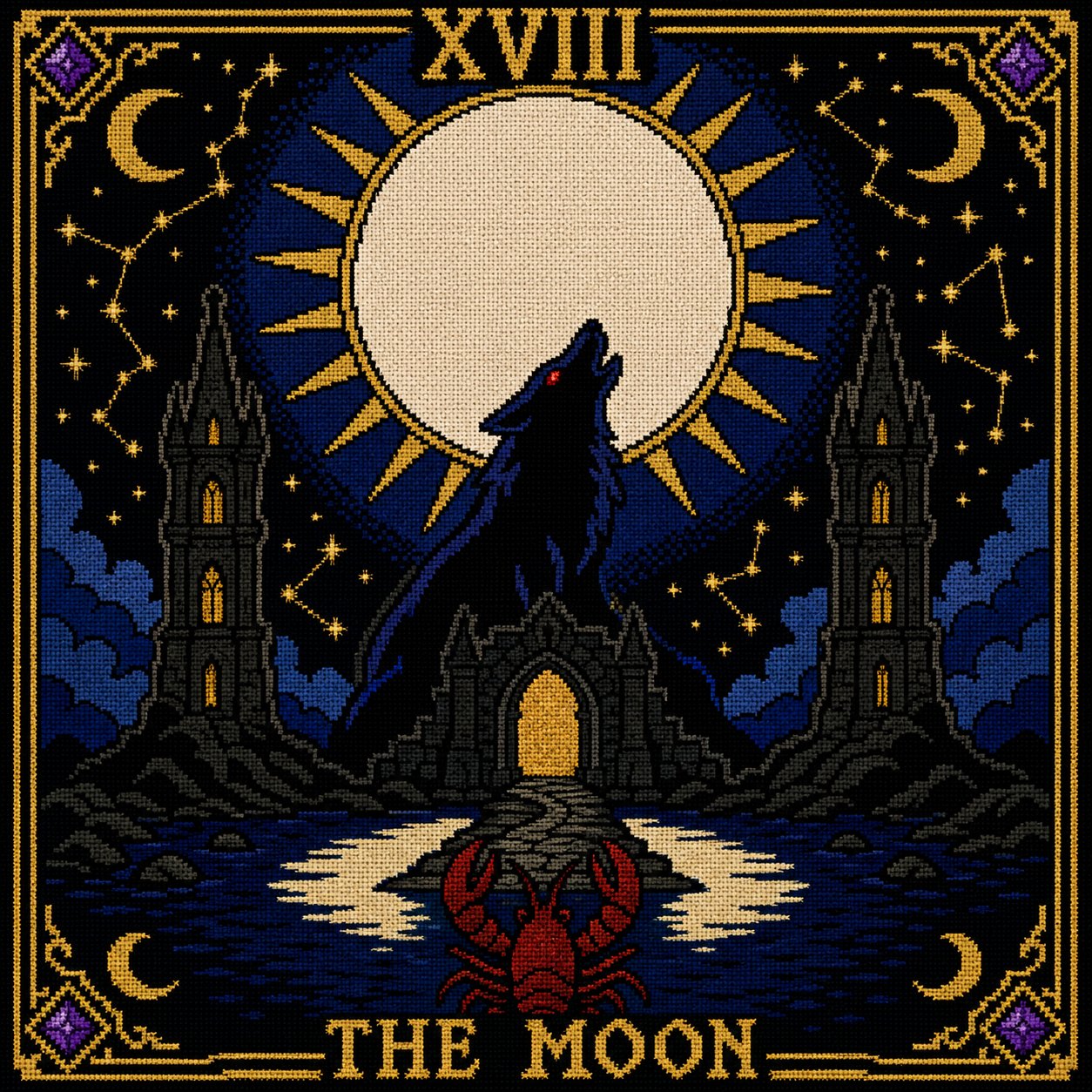 The Moon Tarot Card Xviii cross stitch color chart preview with full DMC floss code list