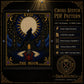The Moon Tarot Card Xviii cross stitch hoop displayed in witchy gothic home decor aesthetic