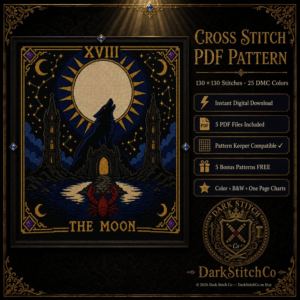 The Moon Tarot Card Xviii cross stitch hoop displayed in witchy gothic home decor aesthetic