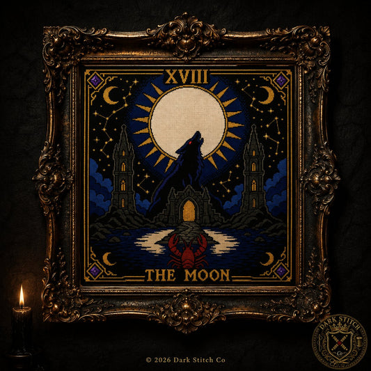 The Moon Tarot Card Xviii cross stitch close-up detail showing intricate gothic stitch work