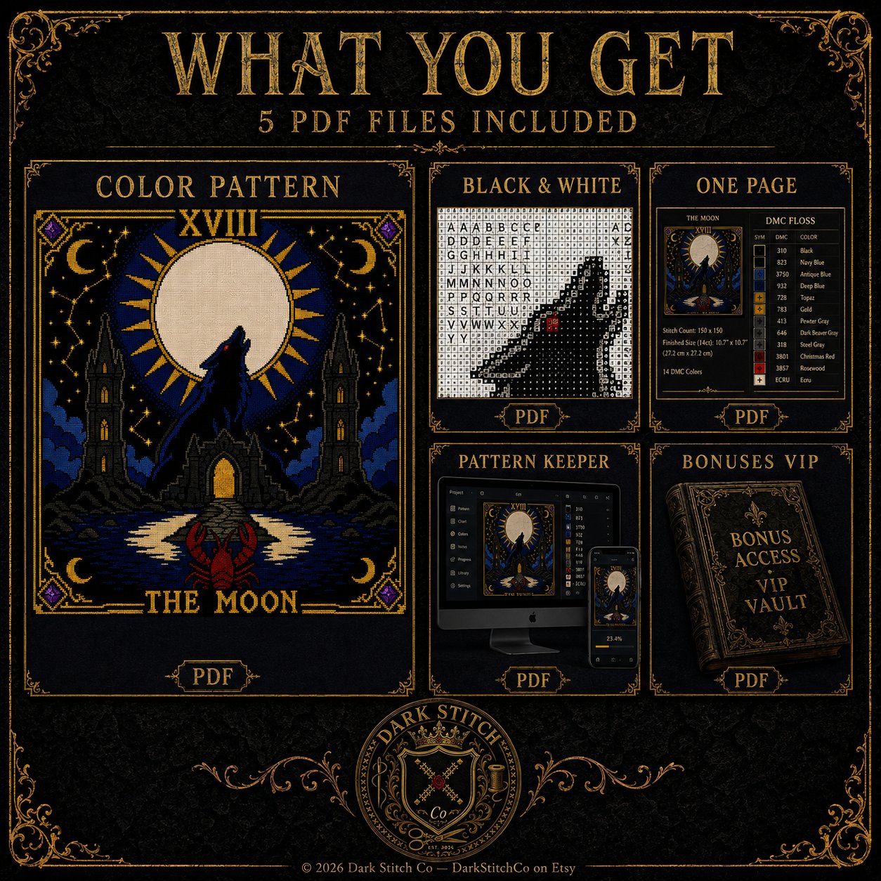 The Moon Tarot Card Xviii cross stitch pattern shown with DMC floss thread color palette