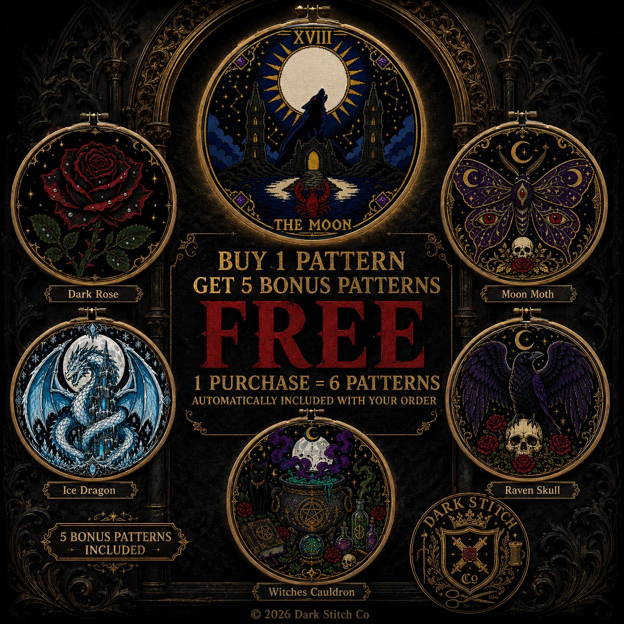 The Moon Tarot Card Xviii cross stitch black and white symbol chart preview — printer friendly