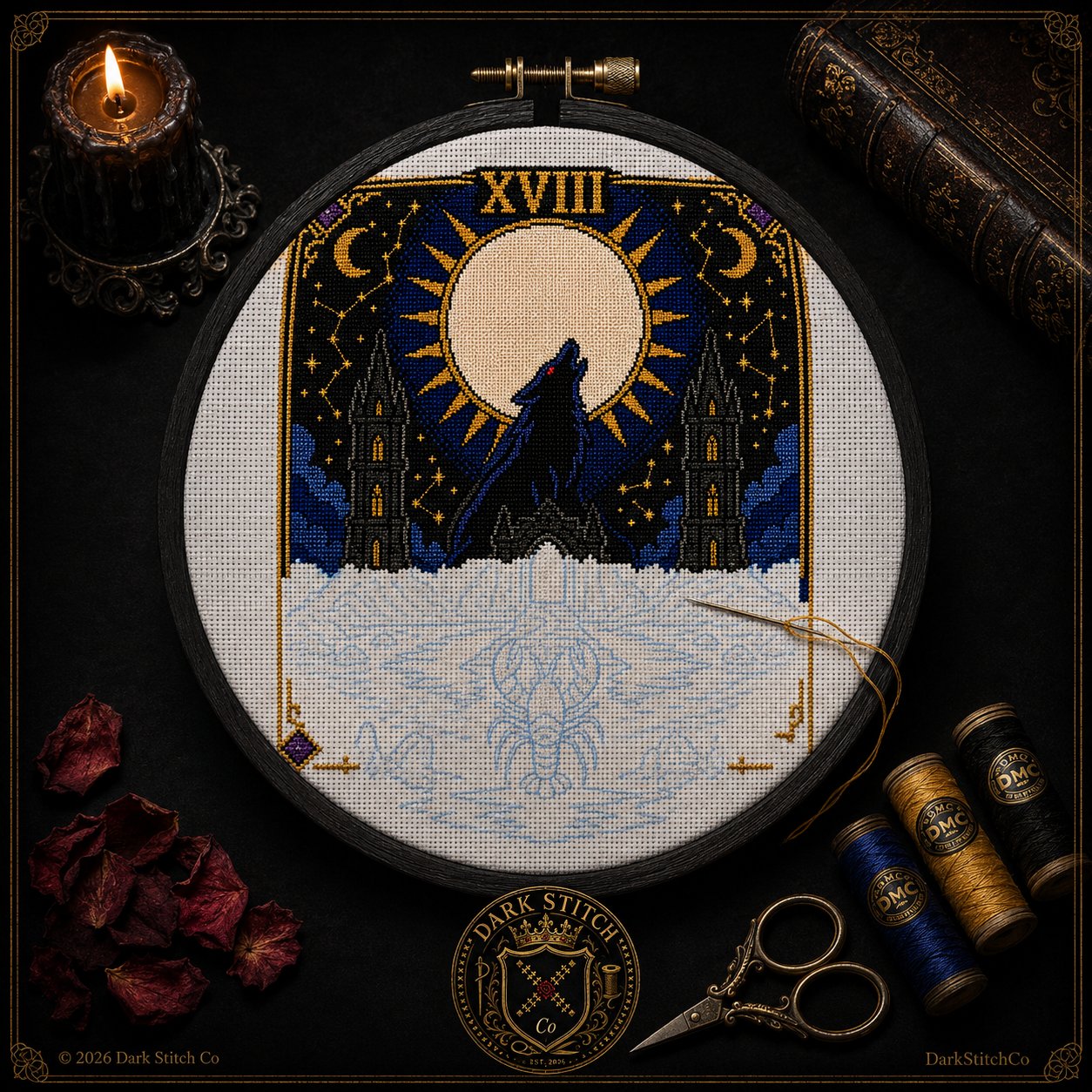 The Moon Tarot Card Xviii cross stitch gift idea for gothic stitchers and dark fantasy lovers