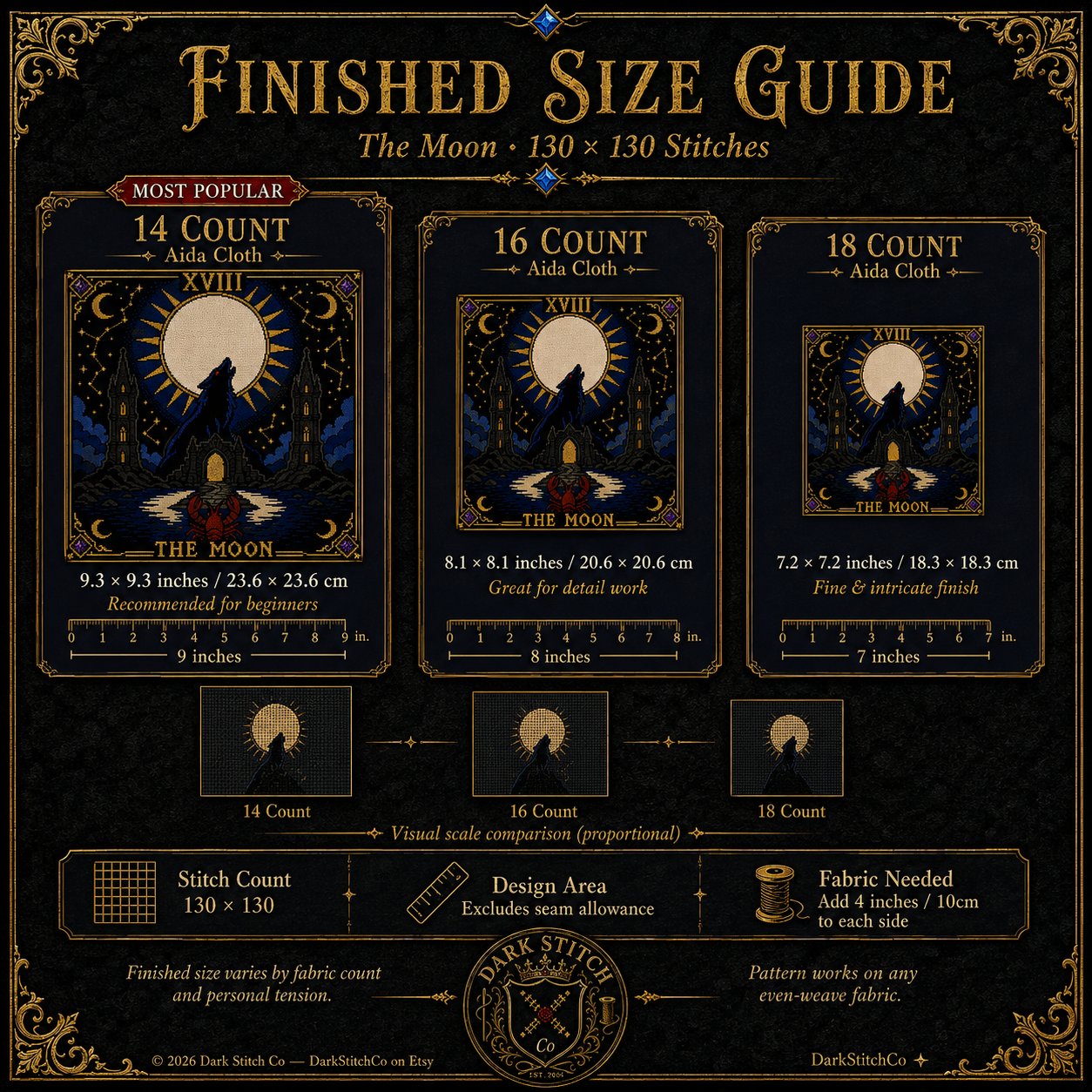 The Moon Tarot Card Xviii cross stitch pattern by DarkStitchCo — instant PDF download with bonus patterns