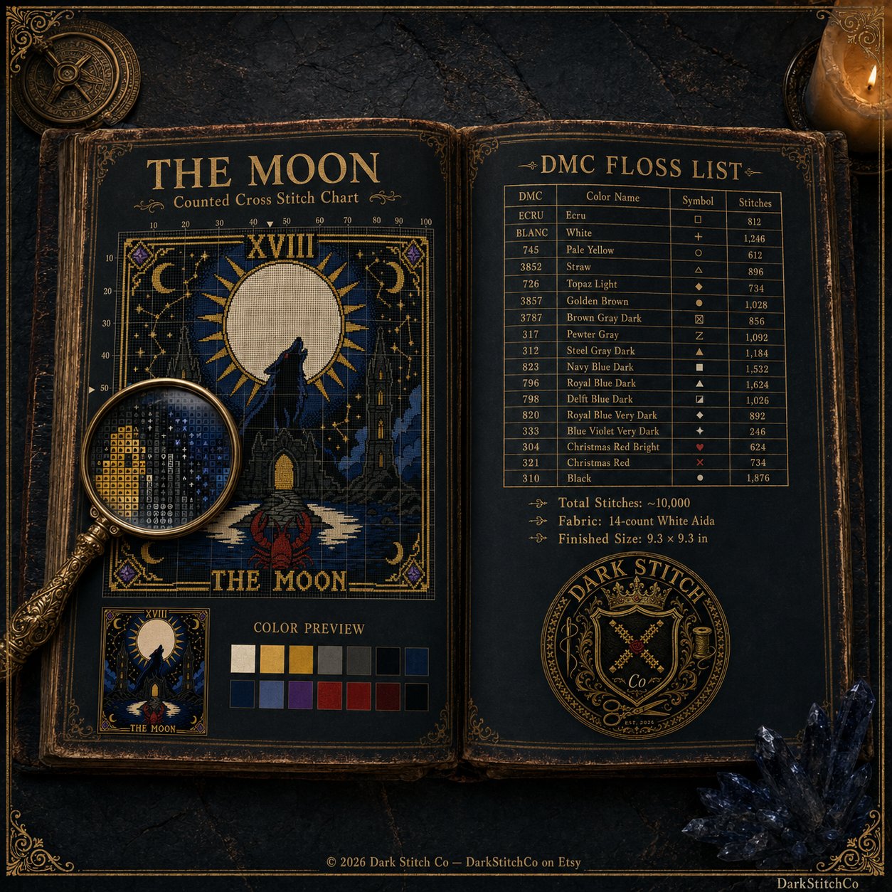 The Moon Tarot Card Xviii cross stitch pattern by DarkStitchCo — instant PDF download with bonus patterns