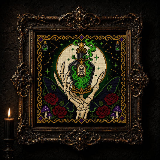 Witch Hand Potion cross stitch close-up detail showing intricate gothic stitch work