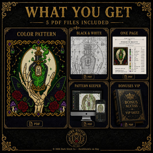 Witch Hand Potion cross stitch pattern shown with DMC floss thread color palette